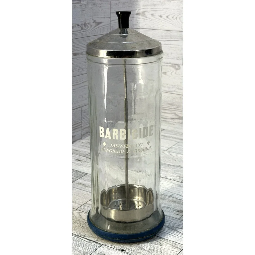 Vintage Barbicide Jar Glass Barber's Shop Decor Comb Storage‎ Disinfectant King
